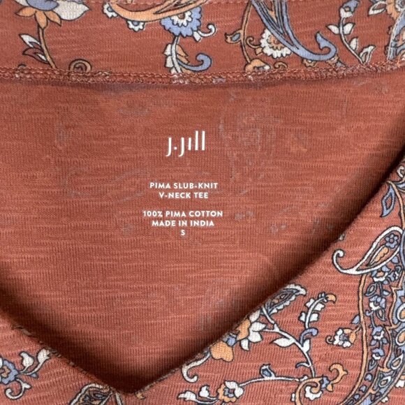 J Jill Top Pink Blue Paisley Pima Slub Knit V Neck Tee Shirt Sz S Casual Travel - Picture 3 of 7